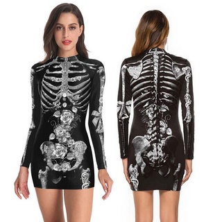 Vestido Punk de Halloween con estampado de sangre con estampado de esqueleto de Halloween/hombros fríos/vestido de manga larga
