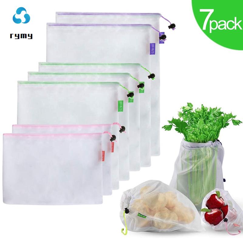 7 bolsas de malla reutilizables lavables para frutas y verduras transparentes