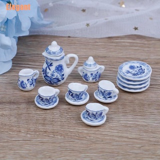 elegant*# 15pcs 1:12 casa de muñecas miniatura azul flor vajilla porcelana café tazas de té