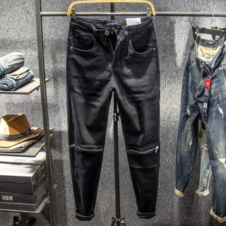 Los Hombres S Otoño Negro High Street Jeans Cremallera Agujero Tendencia Versión Coreana De Auto-Cultivo Guapo Pies Elásticos Pantalones