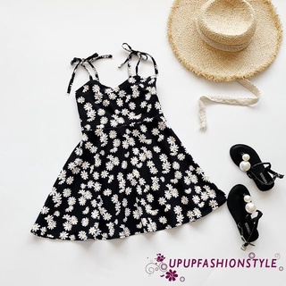 Up []-vestido de verano para niños, estampado de margarita atado tirantes de espagueti sin mangas Casual una línea de falda para niñas pequeñas, negro