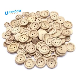 100 botones de madera hechos a mano con amor redondo, 2 agujeros, botones de costura de madera