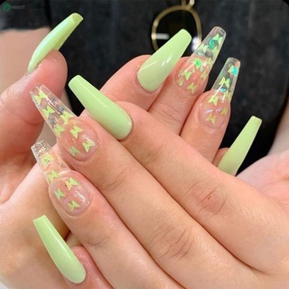 24pcs mariposa impreso parche de uñas luz verde pegamento tipo extraíble párrafo largo moda manicura uñas postizas parche