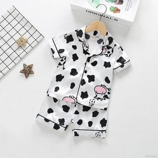 THREEBEARS Baby hielo seda de dibujos animados de vaca impresión pijamas de manga corta + pantalones cortos conjunto
