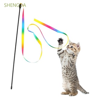 Shengda gatito entrenamiento interactivo palo colorido gato Teaser gato juguetes Tease varita linda tela cinta arco iris divertida varilla