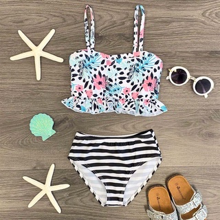 ✾BABYYA✨ Summer Kids Baby Girls Floral Striped Print Swimwear Swimsuit Bikini Outfits