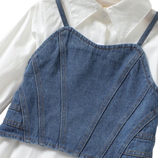 ♥Ic☆2 piezas de ropa para otoño, manga larga, botón de manga larga, vestido de camisa y camisola de mezclilla (7)