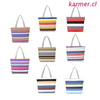 KAR3 Women Summer Beach Shoulder Bag Handbag Fashion Strips Canvas Shopping Tote Zipper Large Capacity (1)