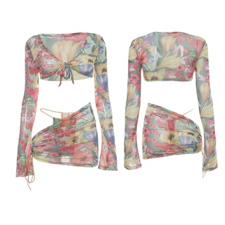 mujer sexy estampado floral malla beachwear manga larga crop top cordón falda (12)