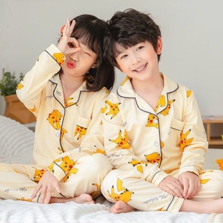 Pijamas conjunto baju budak perempuan estilo de manga larga pijamas de dibujos animados impreso solapa Nighties absorbe la humedad Unisex para niños y niñas poliéster ropa de sueño