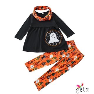 Ljw-Kids Girls - conjunto de ropa de Halloween, bordado de fantasma de manga larga O-cuello Tops+pantalones de impresión de calabaza+Scarf