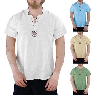 geiefu hombres casual color sólido vendaje cuello v manga corta bordado algodón lino camisa