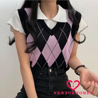 Nfw-Chaleco de punto para mujer, estampados de romboide con cuello en V sin mangas de forma ajustada de punto Tops para niñas, rosa/gris (1)