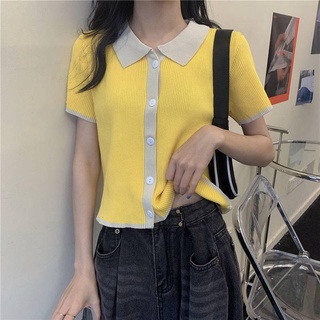 Las mujeres Casual de manga corta rayas de punto T-Shirt más el tamaño de verano Tops Slim Turn-down cuello Color sólido Baju Kemeja (1)