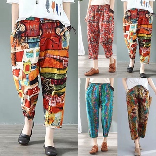 Pantalones cómodos de algodón recortado Floral harén L-4XL suelto más el tamaño impreso