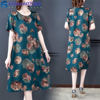 tristen02360 Women Dress Loose Ice Silk Thin Type Elegant Printing Casual Short-sleeve Dress
