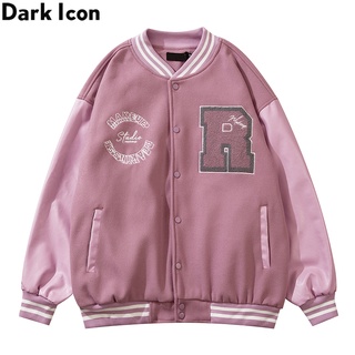 Dark Icon Embroidery Woolen Baseball Jacket Men Women Autumn Outwear Men's Jackets Pink Black Jacket