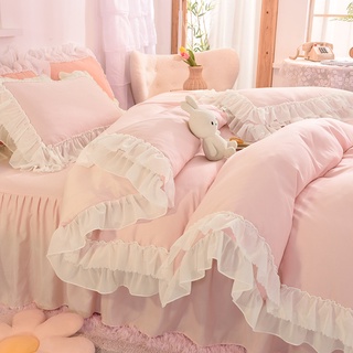 Falda de cama estilo princesa de estilo coreano, ropa de cama de algodón lavada, funda de cuatro piezas, dormir desnudo de verano, cama de primavera y verano, juego de tres piezas