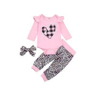 ♡Td✥Bebé niña leopardo impresión traje de tres piezas, mameluco + pantalones + diadema, arco decoración ropa de primavera