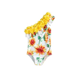 ❃Gj✭Traje de baño infantil, flor de girasol sandía piña impresión oblicua hombro volantes cuello con volantes (1)