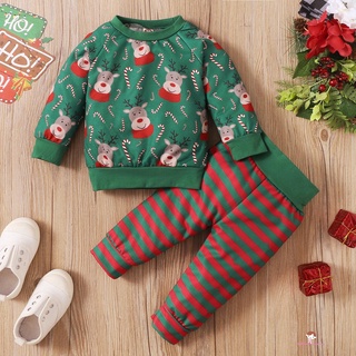 Xzq7-baby conjunto de trajes de navidad, manga larga cuello redondo renos Tops + conjunto de pantalones a rayas