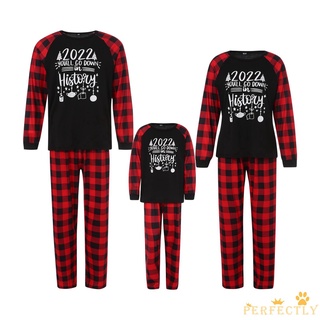 Pft7-pijamas de la familia de navidad, impresión de letras de manga larga cuello redondo Tops+pantalones de impresión de liso