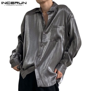 Incerun hombres moda reflectante estilo coreano manga larga solapa suelta camisas