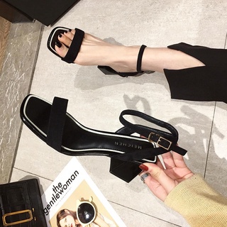 Moda de verano nuevo estilo de moda sandalias de las mujeres francés tacones altos tacón medio tacón grueso zapatos de las mujeres negro
