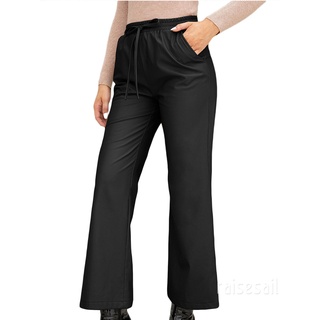 Rs-pantalones de piel sintética para mujer, Color sólido atado elástico de cintura recta pantalones con bolsillos, negro/marrón (8)