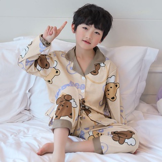 Pajama Suit Korean Style Long Sleeve Sleeping Wear Print Bear Printing Lapel Sleeping Wear Breathable Unisex for Girls and Boys Cotton Nightwear