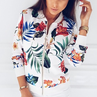 Womens Retro Floral Printing Zipper Up Jacket Casual Tops Coat Outwear
