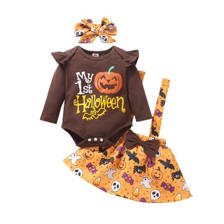 Pacem-traje de tres piezas de bebé niña lindo estampado de Halloween manga larga mameluco y falda liguero con diadema
