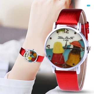 moda pareja relojes simple cuarzo reloj de cuero banda redonda dial lindo dibujos animados impreso casual relojes