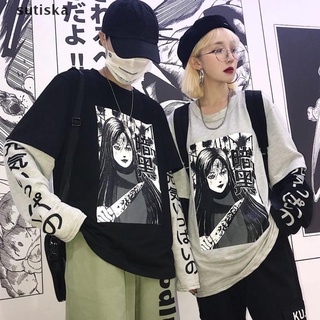 sutiska harajuku anime japonés impresión mujeres sudadera falsa 2 piezas suelta streetwear cl