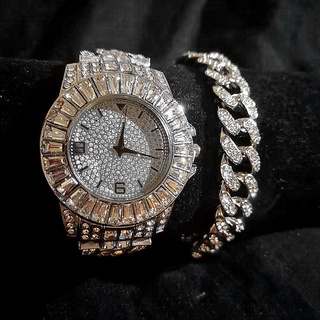 Iced Out Relojes Para Mujeres Hombres De Lujo Oro Diamante Cadena Simple Reloj Con Pulseras Cubana Joyería Conjunto