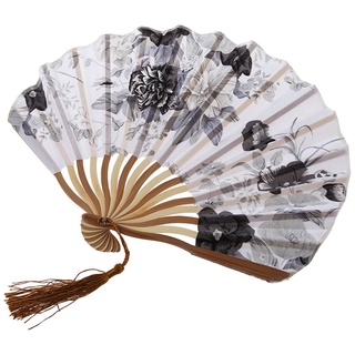Abanico De mano plegable De bambú con flores De peony gris blanco chino (3)