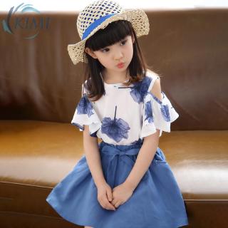 niños niñas tops+falda conjunto de 2pcs blusa plisada hombro frío manga corta impresión floral boho niñas niños traje (8)