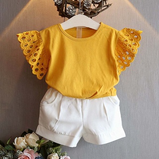 ✾BABYYA✨ 2PCS Toddler Kids Baby Girl Outfit Clothes Hollow Sleeve T-shirt+Short Pants Set