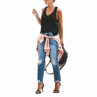 moda mujer rasgado jeans pantalones de mezclilla lavado slim fit jeans largo flaco jeans mujer jeans (3)