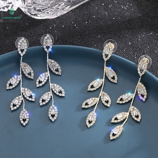 Pendientes de forma de hoja completo de diamantes de imitación con incrustaciones simples elegantes delicados largos pendientes para las mujeres de la boda fiesta de baile