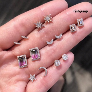 [Fishjump] 7 pares de aretes de sol estrella luna en forma de V cuadrados de diamantes de imitación Set de joyería de señora