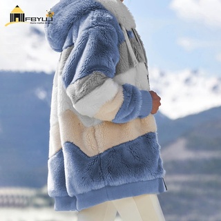 FBYUJ - abrigo acolchado de felpa en contraste, ajuste suelto, cierre de cremallera, abrigo con capucha, ropa de abrigo para mujer tiktok (9)