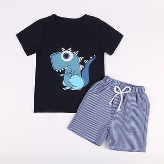 verano niños ropa casual de dibujos animados dinosaurio impreso camiseta + rayas pantalones cortos baju (3)