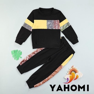 Yaho 2 piezas bebé Casual trajes niños lentejuelas manga larga cuello redondo jersey + Color bloque pantalones