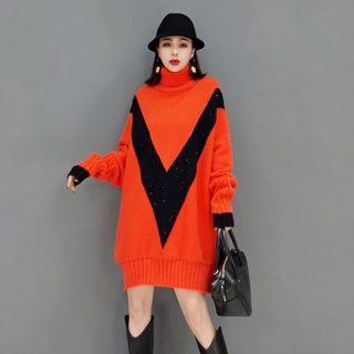 SHENGPALAE Moda Naranja Contraste Color Vestido De Punto De Las Mujeres Invierno 2021 Nuevo Cuello Alto Suelto Manga Larga Sobre La Rodilla Vestidos (5)