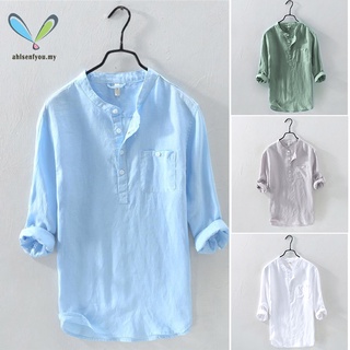 Camisas de manga larga para hombre/camisas de algodón transpirable/túnica Casual/playa Henley/Tops jersey/Color sólido