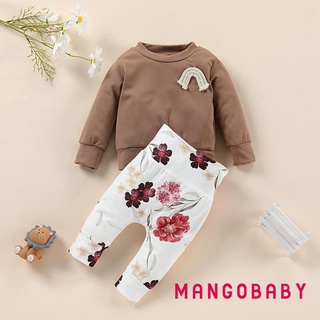 Mg-baby niñas pantalones conjunto, manga larga cuello redondo arco iris Tops con impresión de flores pantalones largos