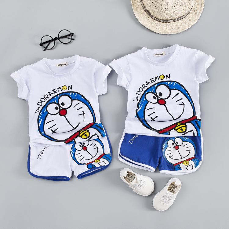 Venta caliente niños niños Doraemon manga corta ropa conjunto camisa de algodón + pantalones cortos