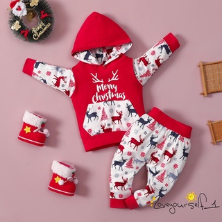 Loveq-Baby 2 piezas de trajes de navidad, Casual manga larga letra ciervo impresión sudadera con capucha y pantalones conjunto