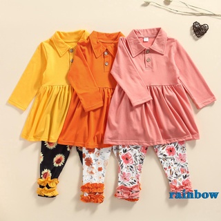 Rainbow-niño niñas 2Pcs otoño trajes, manga larga botón frontal solapa Tops + volantes florales pantalones conjunto